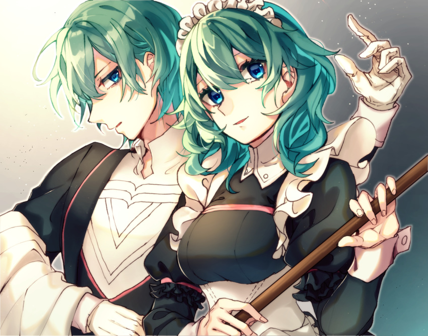 1boy alternate_costume bad_id bad_pixiv_id black_shirt blue_eyes breasts byleth_(female)_(fire_emblem) byleth_(fire_emblem) byleth_(male)_(fire_emblem) commentary_request enmaided female fire_emblem fire_emblem:_three_houses gloves green_hair hair_between_eyes holding layered_sleeves long_hair long_sleeves maid maid_headdress medium_breasts open_mouth shirt short_over_long_sleeves short_sleeves tida_2112 underbust upper_body white_gloves