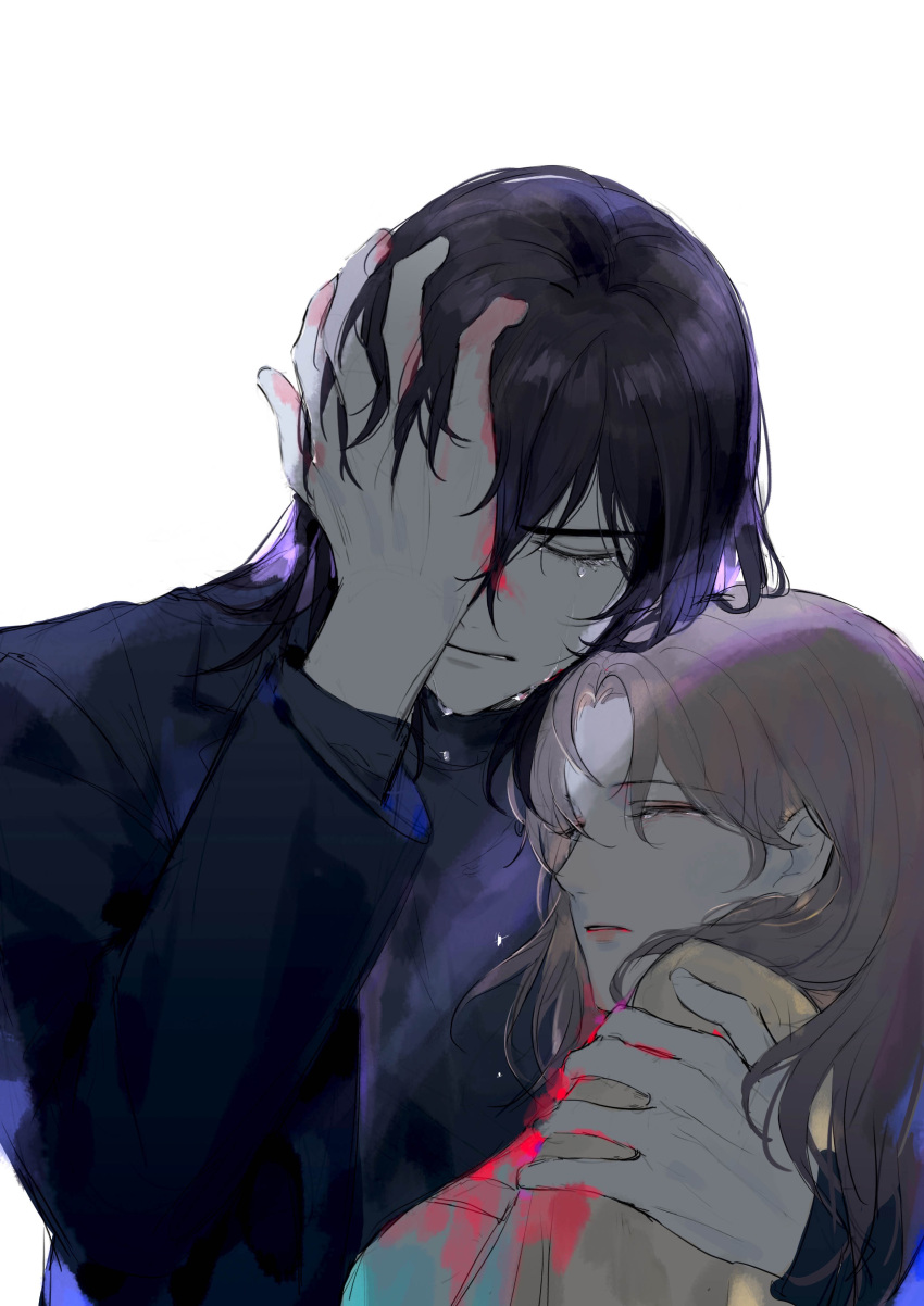 1boy absurdres black_jacket blood blood_on_clothes closed_eyes closed_mouth coat crying female highres jacket laoyepo long_hair long_sleeves marius_von_hagen_(tears_of_themis) rosa_(tears_of_themis) simple_background tears_of_themis white_background yellow_coat