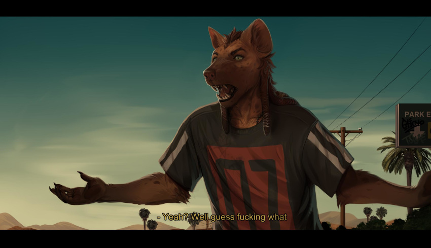 brown_hair caicyo clothed clothing cussing dialogue english_text fully_clothed hair hi_res hyena male mammal palm_tree plant profanity solo teeth text tree