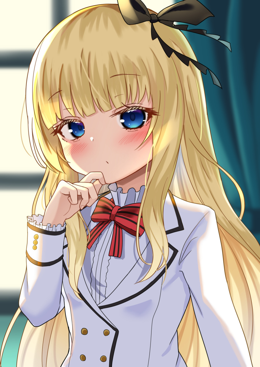 black_ribbon blazer blonde_hair blue_eyes blurry blurry_background blush bow closed_mouth colored_eyelashes commentary_request curtains dahlia_academy_boarding_school_uniform depth_of_field female hair_ribbon hand_up highres indoors jacket juliet_persia kishuku_gakkou_no_juliet long_hair long_sleeves red_bow ribbon school_uniform shirt solo striped striped_bow templus upper_body very_long_hair white_jacket white_shirt window