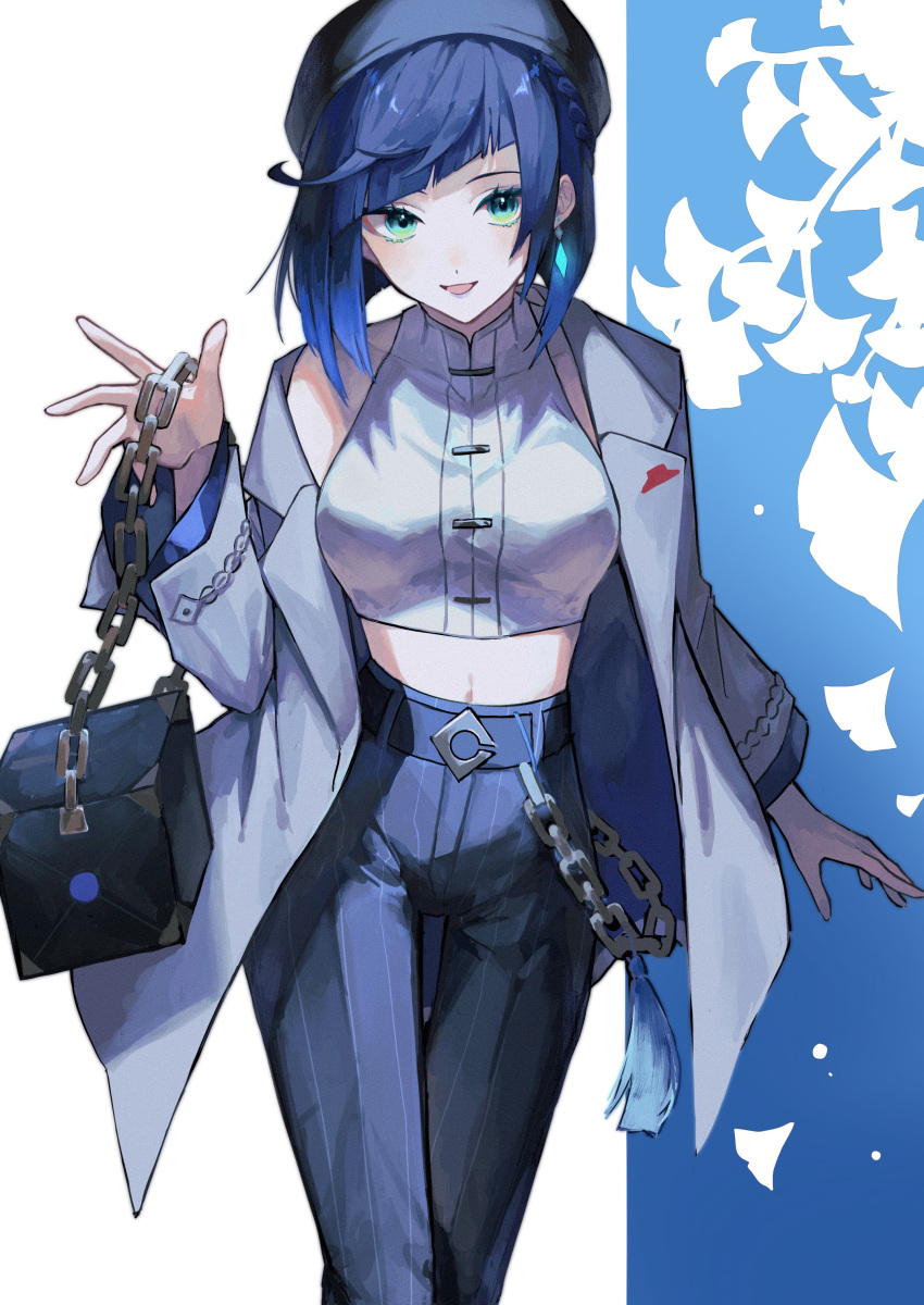 absurdres blue_hair bob_cut breasts chains coat crop_top diagonal_bangs earrings female genshin_impact green_eyes grey_coat grey_pants highres jewelry large_breasts long_sleeves looking_at_viewer medium_hair midriff navel nogi_(nokisaki) official_alternate_costume pants pizza_hut single_earring solo yelan_(genshin_impact) yelan_(pizza_hut)_(genshin_impact)