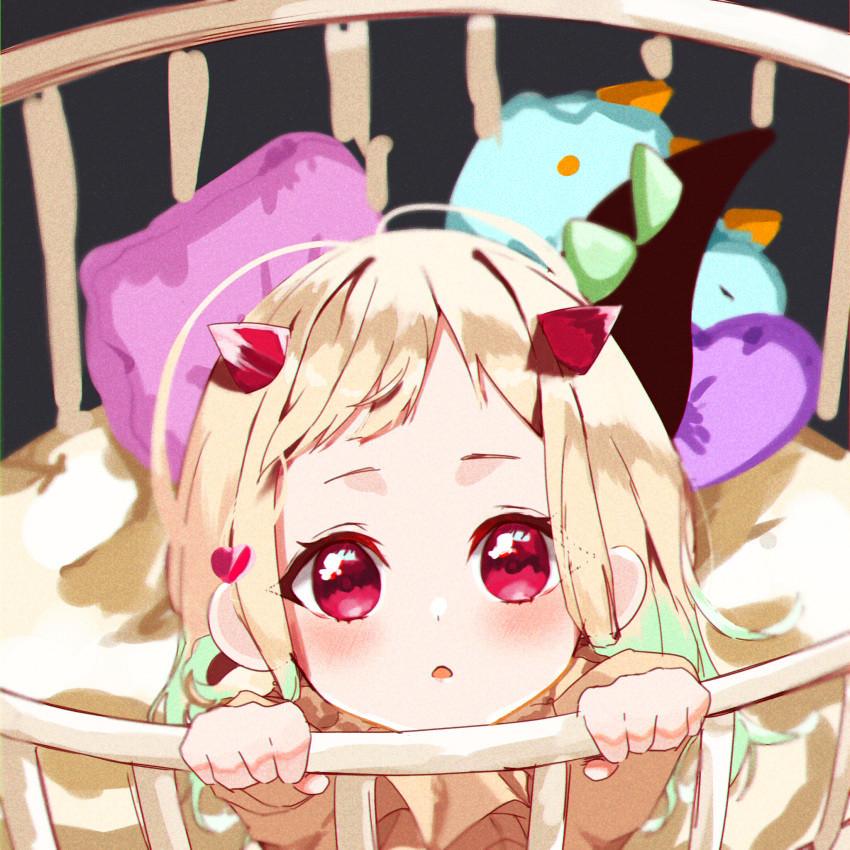 bal_(bal_77) blonde_hair blush crib eyebrows eyes_visible_through_hair female green_hair highres jibaku_shounen_hanako-kun lolicon looking_at_viewer looking_up multicolored_hair open_mouth red_eyes shirt stuffed_toy yashiro_nene