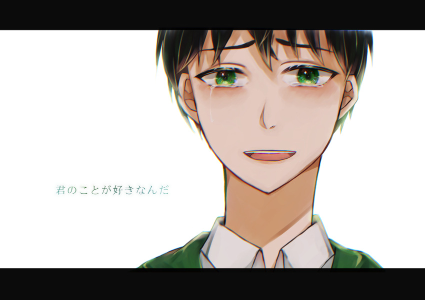 1boy albus_severus_potter bad_id bad_pixiv_id black_hair black_robe crying crying_with_eyes_open green_eyes harry_potter_(series) harry_potter_and_the_cursed_child highres hogwarts_school_uniform letterboxed male_focus robe school_uniform short_hair slytherin smile solo tears translated upper_body wizarding_world yuki_(mirukumikumiku)