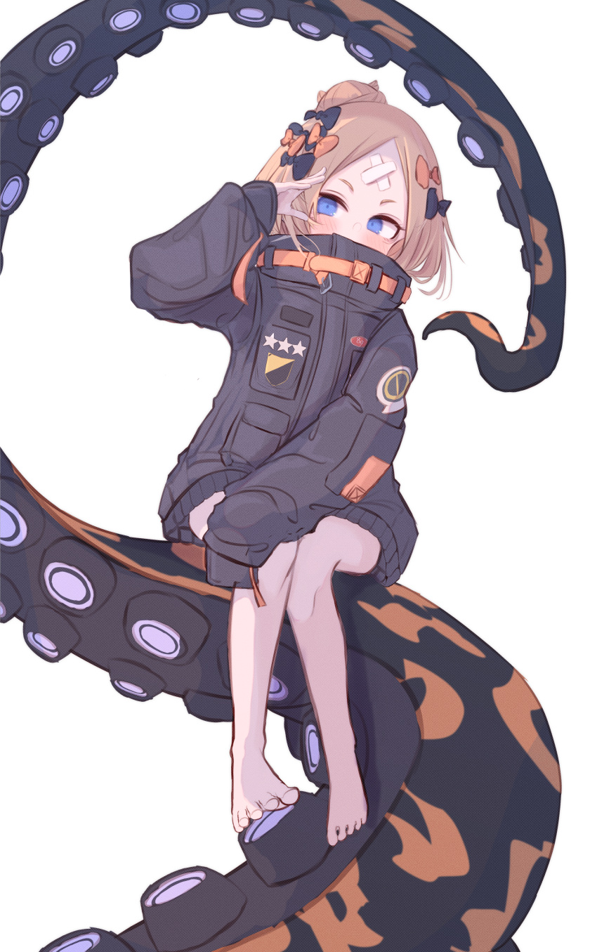 abigail_williams_(fate) abigail_williams_(traveling_outfit)_(fate) absurdres bandaid bandaid_on_face bandaid_on_forehead barefoot belt black_bow black_jacket blonde_hair blue_eyes bow breasts commentary_request crossed_bandaids fate/grand_order fate_(series) female forehead hair_bun hairbow high_collar highres jacket long_hair long_sleeves multiple_hair_bows official_alternate_costume orange_belt orange_bow parted_bangs partial_commentary polka_dot polka_dot_bow ropen_yoji single_hair_bun sitting sleeves_past_fingers sleeves_past_wrists small_breasts solo_focus tentacle