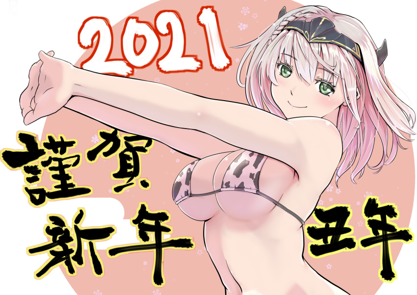 2021 animal_print braid breasts chinese_zodiac commentary_request cow_print female green_eyes grey_hair happy_new_year headgear highres hololive large_breasts looking_at_viewer medium_hair navel new_year shirogane_noel solo swimsuit teresa007 translated virtual_youtuber wavy_hair year_of_the_ox