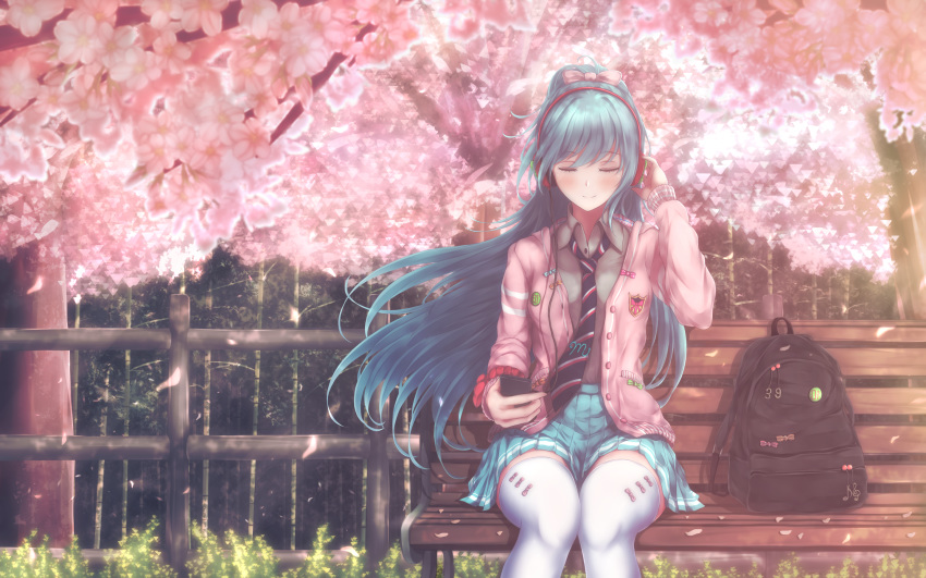 39 absent aqua_hair backpack bag bench cherry_blossoms closed_eyes commentary digital_media_player female fence grey_shirt hatsune_miku headphones highres long_hair necktie outdoors ponytail project_diva_(series) project_diva_f ribbon_girl_(module) shirt sitting skirt solo thighhighs unworn_backpack unworn_bag very_long_hair vocaloid white_thighhighs