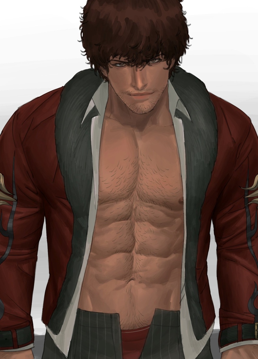 1boy abs bara bare_pectorals beard_stubble black_hair black_pants chest_hair closed_mouth collared_shirt facial_hair fur-trimmed_jacket fur_trim highres jacket kamii_(gloominny) large_pectorals looking_at_viewer male_focus male_underwear mature_male miguel_caballero_rojo muscular muscular_male mustache_stubble navel navel_hair nipples open_clothes open_fly open_jacket open_pants open_shirt pants pectorals red_male_underwear seductive_smile shirt short_hair smile solo sparse_chest_hair sparse_navel_hair sparse_stubble stubble tekken tekken_7 underwear white_shirt