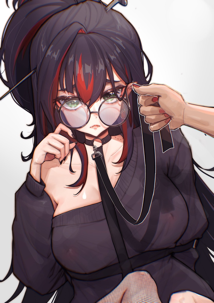 bad_arm black_collar black_hair black_nails black_sweater breasts collar collarbone covered_nipples female glasses green_eyes hair_ornament highres holding holding_leash leash mika_melatika mika_melatika_(2nd_costume) multicolored_hair nijisanji nijisanji_id no_bra o-ring_collar ponytail round_eyewear single_fishnet_legwear slewpie streaked_hair sweater virtual_youtuber