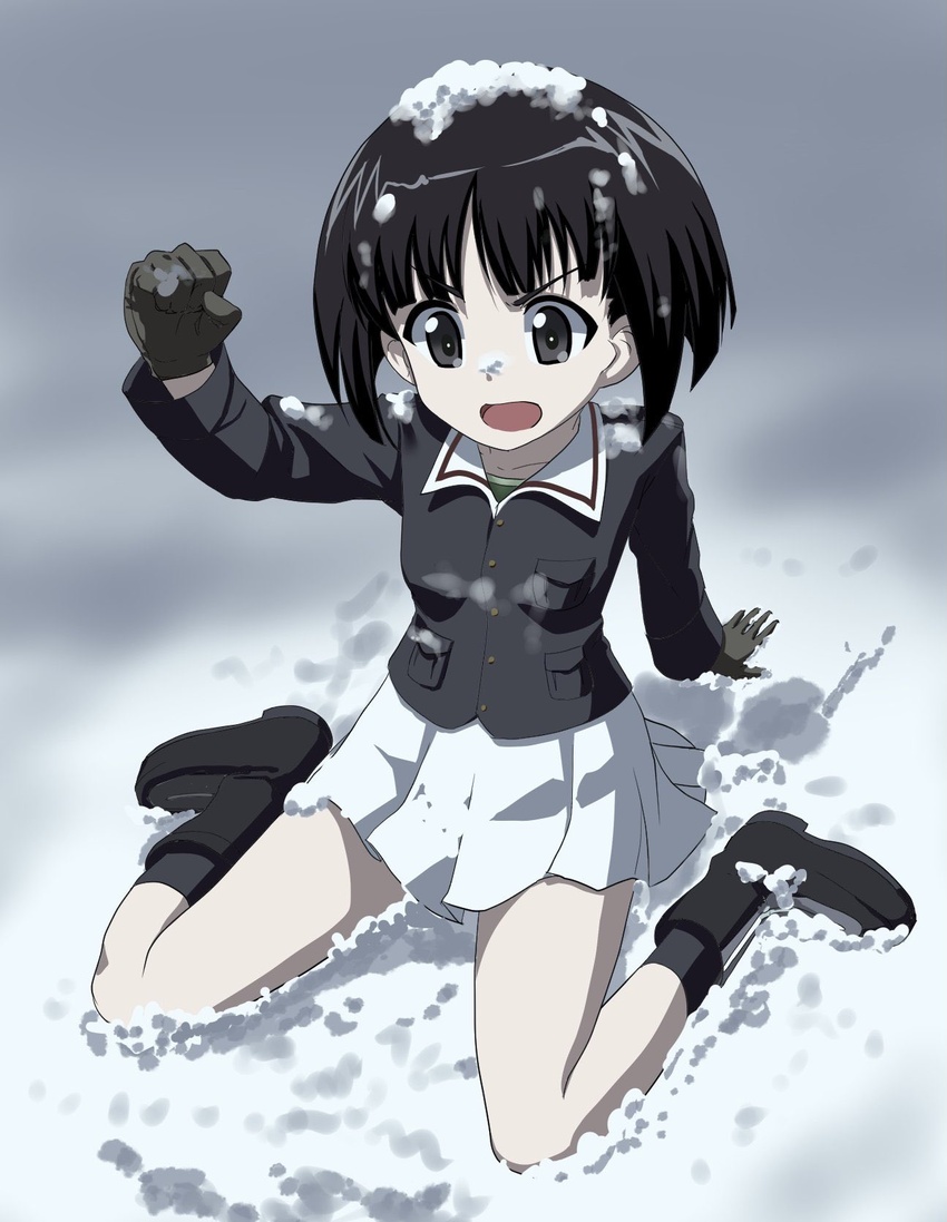 black_eyes black_footwear black_hair black_socks blue_jacket blunt_bangs blunt_ends bob_cut boots female girls_und_panzer gloves green_shirt highres jacket legs long_sleeves military military_uniform miniskirt ooarai_military_uniform open_mouth pleated_skirt shiina_excel shirt short_hair sitting skirt snow snow_on_body snow_on_head socks solo sono_midoriko thighs uniform wariza white_skirt