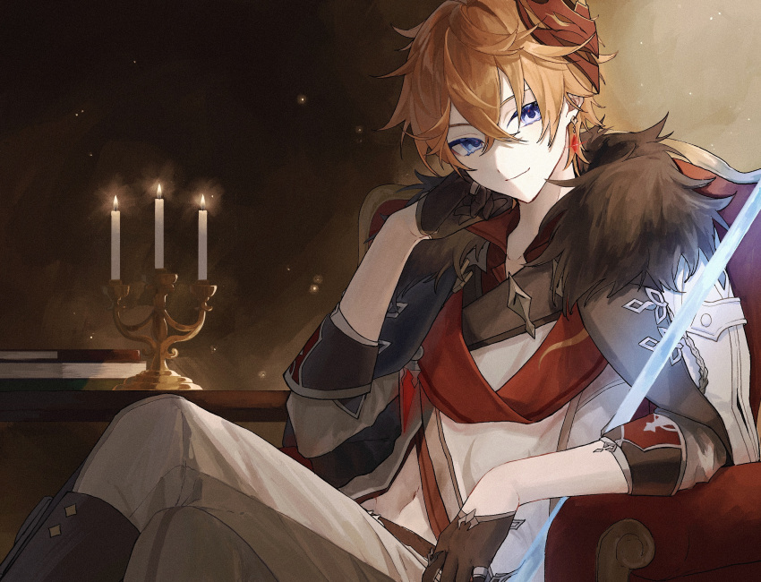 1boy black_gloves blue_eyes candelabra candlestand chair closed_mouth coat crossed_bangs crossed_legs fur-trimmed_coat fur_trim genshin_impact gloves grey_coat grey_pants hair_between_eyes highres long_sleeves looking_at_viewer male_focus mask mask_on_head nogi_(nokisaki) orange_hair pants red_scarf scarf short_hair sitting smile solo table tartaglia_(genshin_impact)