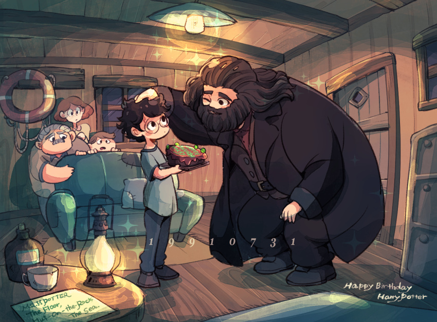 4boys amazou beard black_hair cake coat commentary_request couch cousins dudley_dursley english_text facial_hair father_and_son female food harry_potter harry_potter_(series) harry_potter_and_the_philosopher's_stone lantern long_coat long_hair mother_and_son multiple_boys one_eye_closed petting petunia_dursley rubeus_hagrid scar scar_on_face scar_on_forehead short_hair vernon_dursley wizarding_world