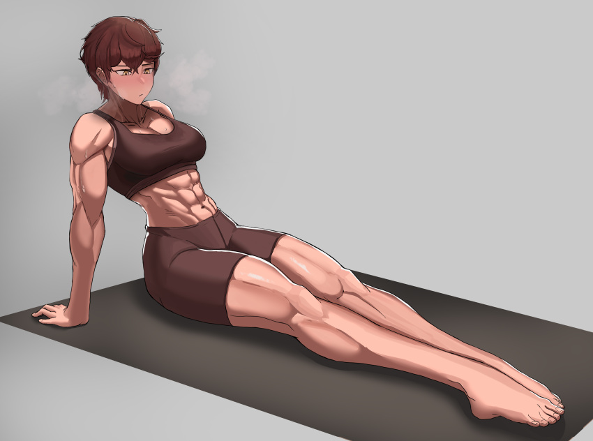 abs absurdres arm_support bike_shorts breasts brown_hair brown_sports_bra female grey_background heavy_breathing highres muscular muscular_female original short_hair simple_background sitting solo soolee040995 sports_bra stretching sweat sweatdrop thighs tomboy yellow_eyes yoga_mat