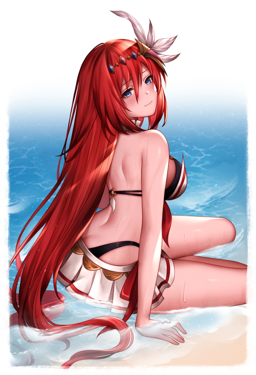 absurdres alexiel_(summer)_(granblue_fantasy) annno_ans arm_support bare_shoulders bikini bikini_skirt blue_eyes blush breasts butt_crack commentary_request commission female godsworn_alexiel granblue_fantasy hair_ornament highres lips long_hair looking_at_viewer medium_breasts red_hair shiny_skin shore simple_background sitting skeb_commission smile swimsuit thighs water water_drop wet