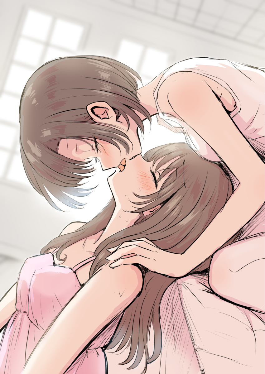 2girls absurdres betock blush brown_hair closed_eyes commentary_request dress duplicate french_kiss from_side highres indoors kissing long_hair multiple_girls original pink_dress pixel-perfect_duplicate short_hair sweat tongue tongue_out upside-down_kiss yuri