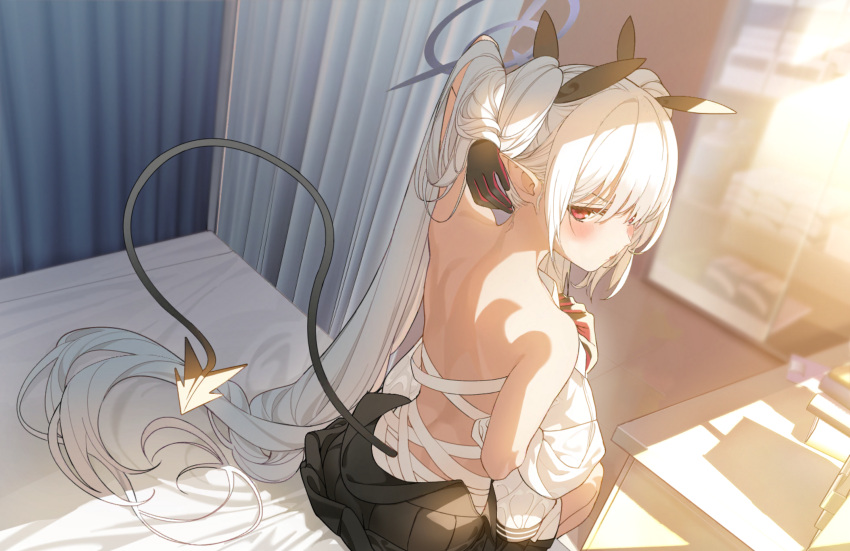 adjusting_hair back bandage_on_hip bandages bed black_gloves black_ribbon black_skirt blue_archive blurry blurry_background blush dark-skinned_female dark_skin demon_tail female frown game_cg gloves grey_hair grey_halo hair_between_eyes hair_lift hair_ribbon hair_spread_out halo hand_in_own_hair highres indoors iori_(blue_archive) long_hair looking_back mx2j non-web_source official_art pointy_ears red_eyes ribbon shirt skirt solo sunlight tail twintails unworn_clothes very_long_hair white_shirt window_shadow