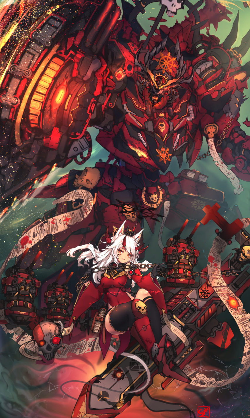 absurdres animal_ear_fluff animal_ears black_gloves boots breasts chains chaos_(warhammer) female fox_ears fox_girl gloves glowing glowing_eyes highres holding holding_sword holding_weapon horns long_hair looking_at_viewer mecha medium_breasts orange_eyes red_footwear robot science_fiction sitting skull sword syaha thighhighs turret warhammer_40k weapon white_hair wide_sleeves