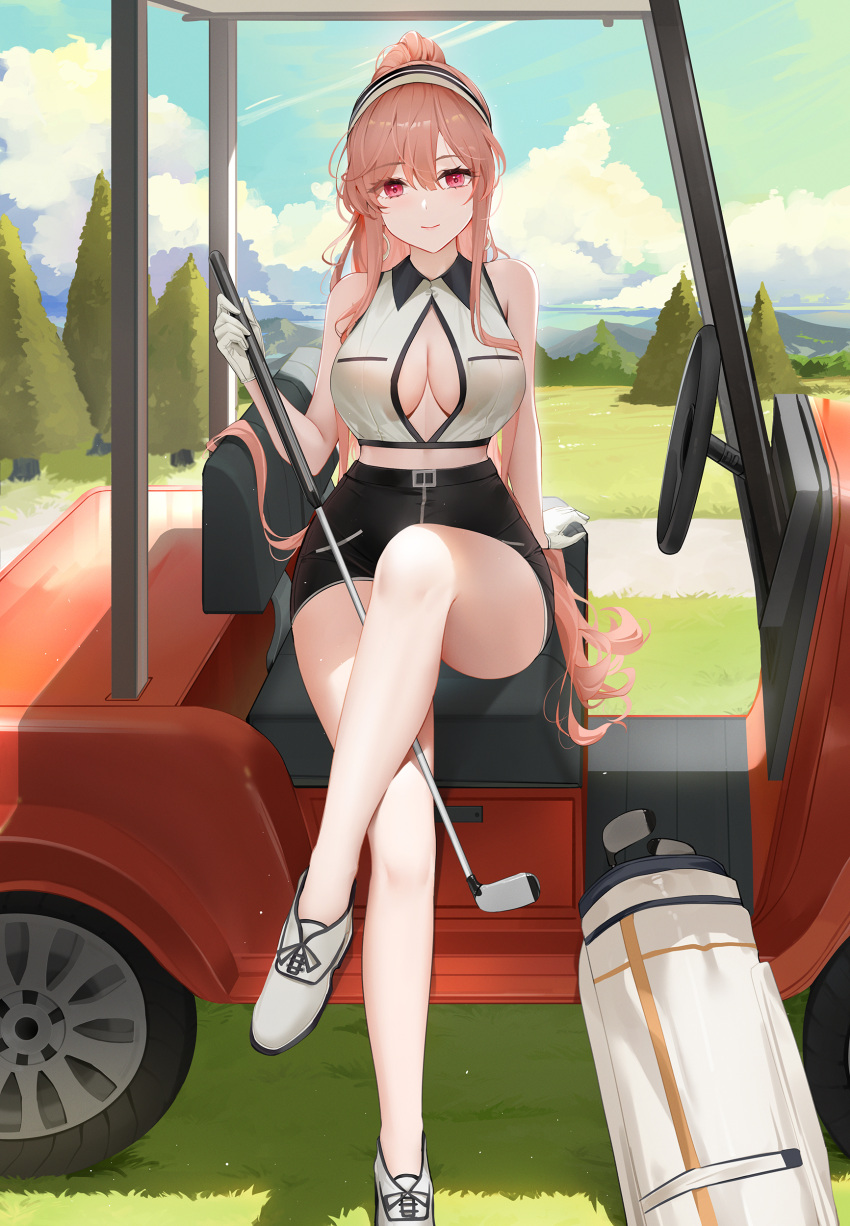 absurdres azur_lane bag bare_arms bare_legs bare_shoulders between_legs black_skirt blonde_hair breasts cleavage clemenceau_(azur_lane) clemenceau_(splendid_breeze)_(azur_lane) closed_mouth collared_shirt convenient_censoring convenient_leg crop_top day duffel_bag female gloves golf_bag golf_cart golf_club highres holding holding_golf_club knee_up large_breasts long_hair looking_at_viewer midriff miniskirt no_bra official_alternate_costume outdoors pencil_skirt ponytail qing_wu red_eyes shirt shoes sitting skirt sleeveless sleeveless_shirt smile solo thighs very_long_hair white_footwear white_gloves white_shirt