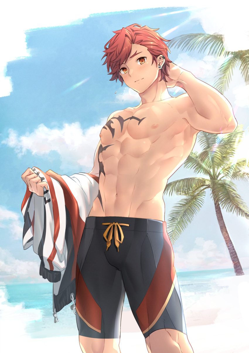 1boy abs absurdres beach black_male_swimwear blush chest_tattoo cloud commission day grand_chase highres holding holding_clothes holding_jacket jacket jammers jewelry jin_kaien light_rays looking_at_viewer male_focus male_swimwear navel necklace nipples ocean okonon_(kado_colda) orange_hair outdoors red_hair skeb_commission sky solo summer sunbeam sunlight tattoo toned toned_male topless_male water