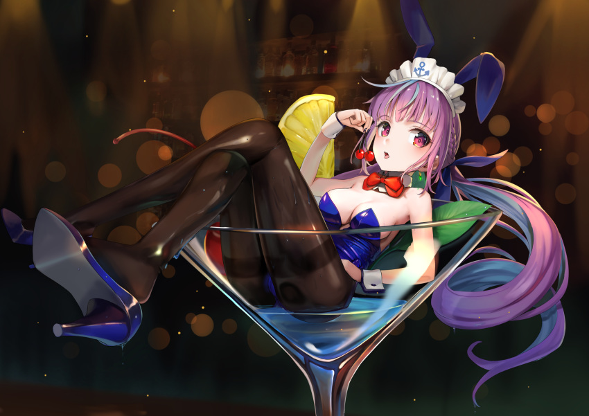 animal_ears bare_arms bare_shoulders black_pantyhose blush breasts cherry cleavage colored_inner_hair commentary cup fake_animal_ears female food fruit hair_ribbon highres holding holding_food holding_fruit hololive in_container in_cup large_breasts long_hair looking_at_viewer lying minato_aqua multicolored_hair pantyhose playboy_bunny purple_eyes purple_hair rabbit_ears ribbon smile solo sunga2usagi tongue tongue_out twintails two-tone_hair virtual_youtuber wrist_cuffs