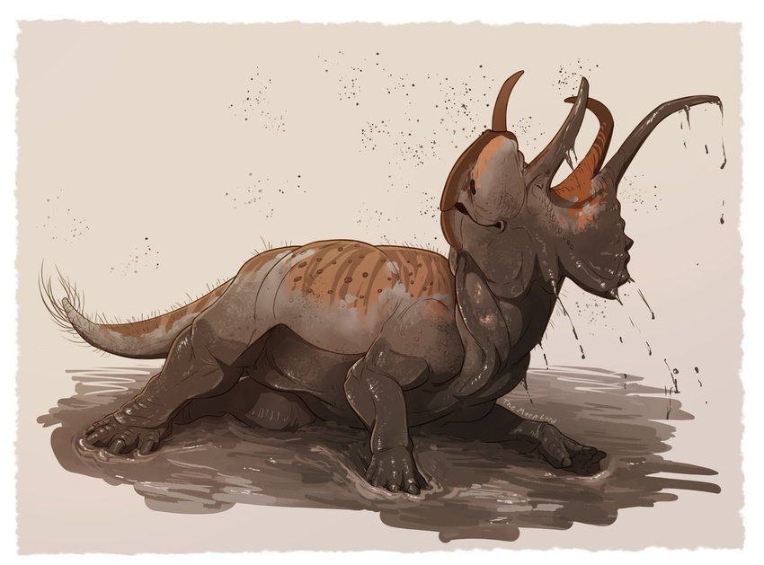 2022 ambiguous_gender beak border brown_background brown_body brown_skin ceratopsian closed_eyes diabloceratops dinosaur extinct feral full-length_portrait glistening glistening_body glistening_scales horn looking_away lying lying_on_ground mud muddy muscular on_ground on_side ornithischian portrait prehistoric_species quills_(anatomy) reptile scales scalie simple_background smile solo striped_body stripes tail the_meep_lord white_border