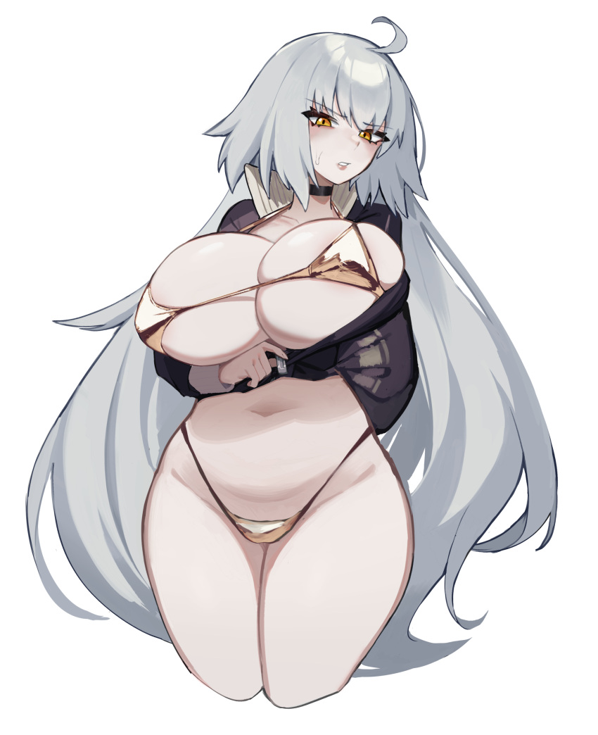 !? ahoge arm_under_breasts bikini bikini_top_only black_choker blush breasts choker cleavage collarbone covered_nipples fate/grand_order fate_(series) female gold_bikini grey_hair highres huge_breasts jacket jeanne_d'arc_alter_(fate) long_hair long_sleeves looking_at_viewer open_clothes open_jacket orange_eyes parted_lips partially_unzipped psidubs pulling_own_clothes simple_background skindentation solo swimsuit thick_thighs thighs unzipped unzipping very_long_hair white_background zipper zipper_pull_tab