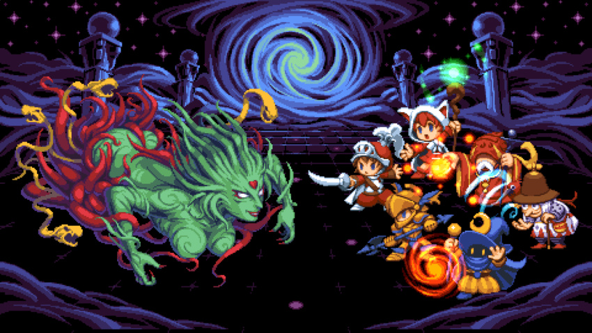 battle black_mage_(final_fantasy) casting_spell cloud_of_darkness column dragoon_(final_fantasy) everyone fighting_stance final_fantasy final_fantasy_iii highres knight_(final_fantasy) night onion_knight open_hands pillar pixel_art pixelflag red_mage_(final_fantasy) swirling white_mage_(final_fantasy)