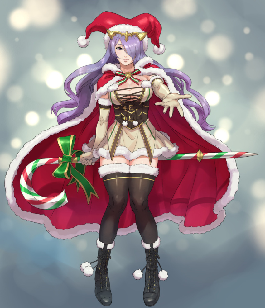 alternate_costume breasts camilla_(fire_emblem) candy candy_cane christmas cleavage cosplay dress female fire_emblem fire_emblem_fates food hat highres ingrid_(taimanin_murasaki) ingrid_(taimanin_murasaki)_(cosplay) large_breasts looking_at_viewer purple_eyes purple_hair reaching reaching_towards_viewer santa_costume santa_hat solo stup-jam taimanin_(series) taimanin_murasaki thighhighs white_dress