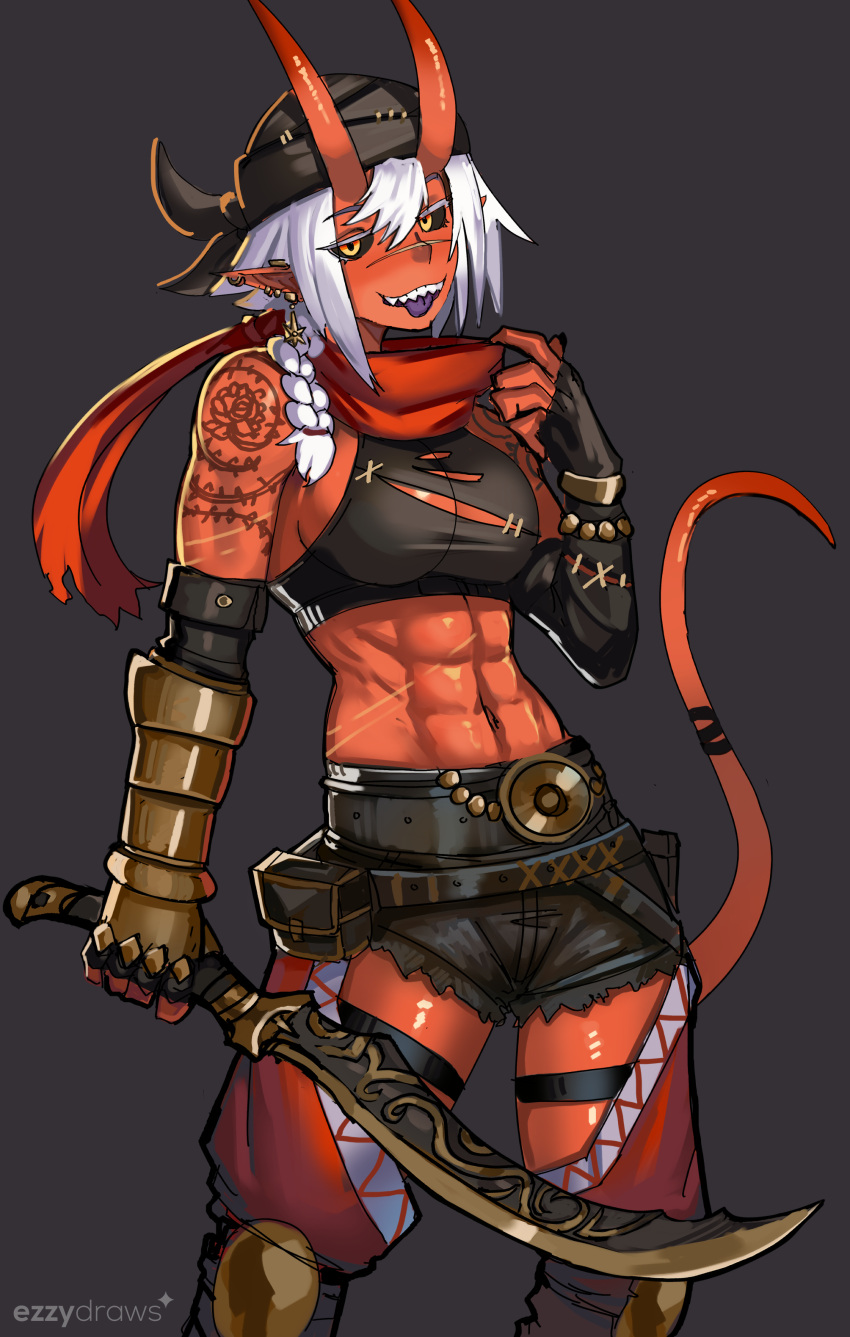 abs absurdres bandana belt black_sclera bracelet colored_sclera colored_skin demon demon_girl demon_horns demon_tail earrings ezzydraws female gauntlets highres horns jewelry looking_at_viewer muscular muscular_female orange_eyes original pointy_ears pouch red_skin sharp_teeth short_hair shorts solo sword tail tank_top teeth tiefling toned tongue tongue_out weapon white_hair