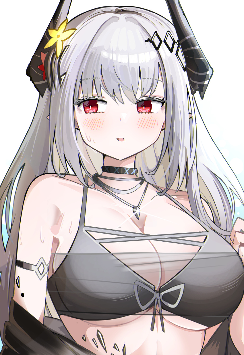 absurdres arknights bikini black_bikini black_horns blush breasts bright_pupils cleavage commentary female flower glint grey_hair hair_flower hair_ornament highres horns jewelry large_breasts long_hair looking_to_the_side material_growth mudrock_(arknights) mudrock_(silent_night)_(arknights) official_alternate_costume open_mouth oripathy_lesion_(arknights) pendant pointy_ears red_eyes sideways_glance simple_background solo spam_(spamham4506) sweat swimsuit upper_body white_background white_pupils yellow_flower