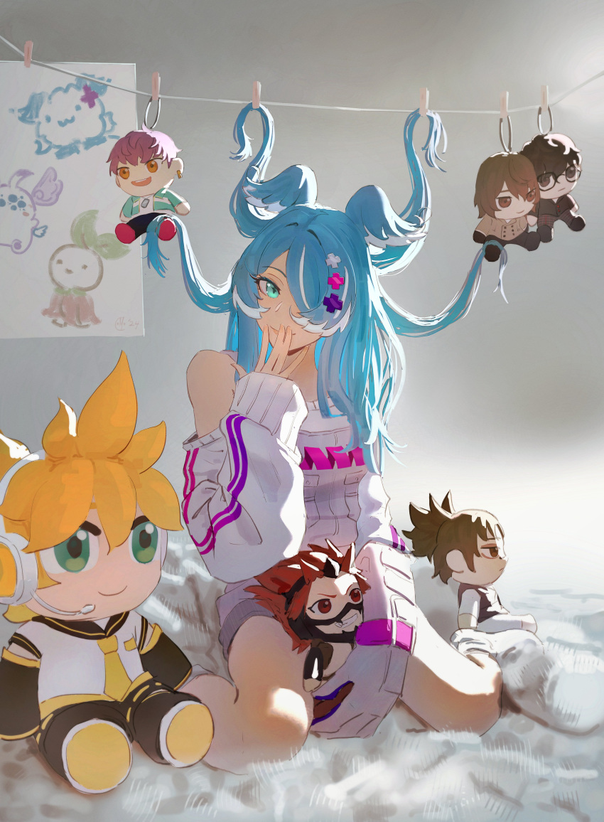 absurdres aloupeep_(enna_alouette) aqua_eyes blue_hair character_doll character_request clothesline covering_own_mouth elira_pendora elira_pendora_(1st_costume) female gloves hair_intakes hair_over_one_eye hand_over_own_mouth head_wings highres kagamine_len kirishima_eijirou light_smile long_hair long_sleeves looking_at_viewer mocomiliano nijisanji nijisanji_en off-shoulder_sweater off_shoulder single_bare_shoulder single_glove sitting sleeves_past_wrists sweater virtual_youtuber wariza weewa_(elira_pendora) wings