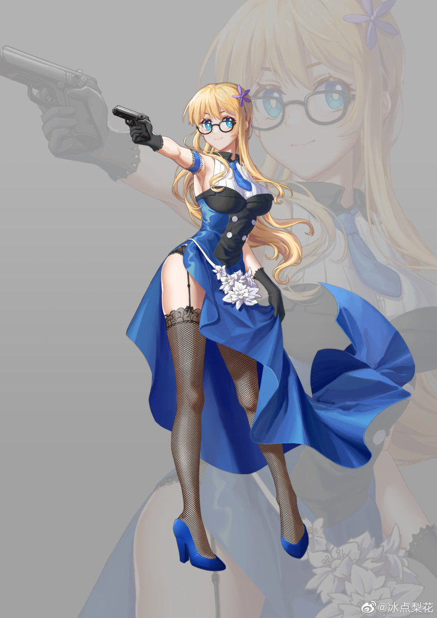 absurdres armpits bingdian_lihua black_gloves black_thighhighs blonde_hair blue_dress blue_eyes blue_footwear breasts dress female flower full_body garter_straps glasses gloves grey_background gun hair_flower hair_ornament handgun high_heels highres holding holding_gun holding_weapon hood_(warship_girls_r) large_breasts long_hair necktie official_alternate_costume side_slit simple_background smile solo standing thighhighs warship_girls_r weapon weibo_logo weibo_watermark