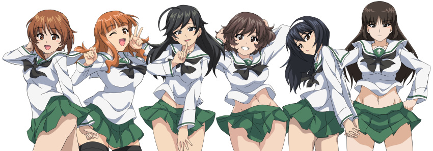 6+girls 9s0ykoyama117 absurdres ahoge akiyama_yukari ass black_hair black_thighhighs blue_eyes blush breasts brown_eyes brown_hair finger_to_mouth girls_und_panzer green_skirt grin hairband hands_on_own_hips highres isuzu_hana large_breasts long_hair looking_at_viewer miniskirt multiple_girls navel nishizumi_miho nishizumi_shiho one_eye_closed ooarai_school_uniform open_mouth orange_eyes orange_hair pleated_skirt reizei_mako school_uniform short_hair simple_background skirt small_breasts smile takebe_saori thighhighs v white_background