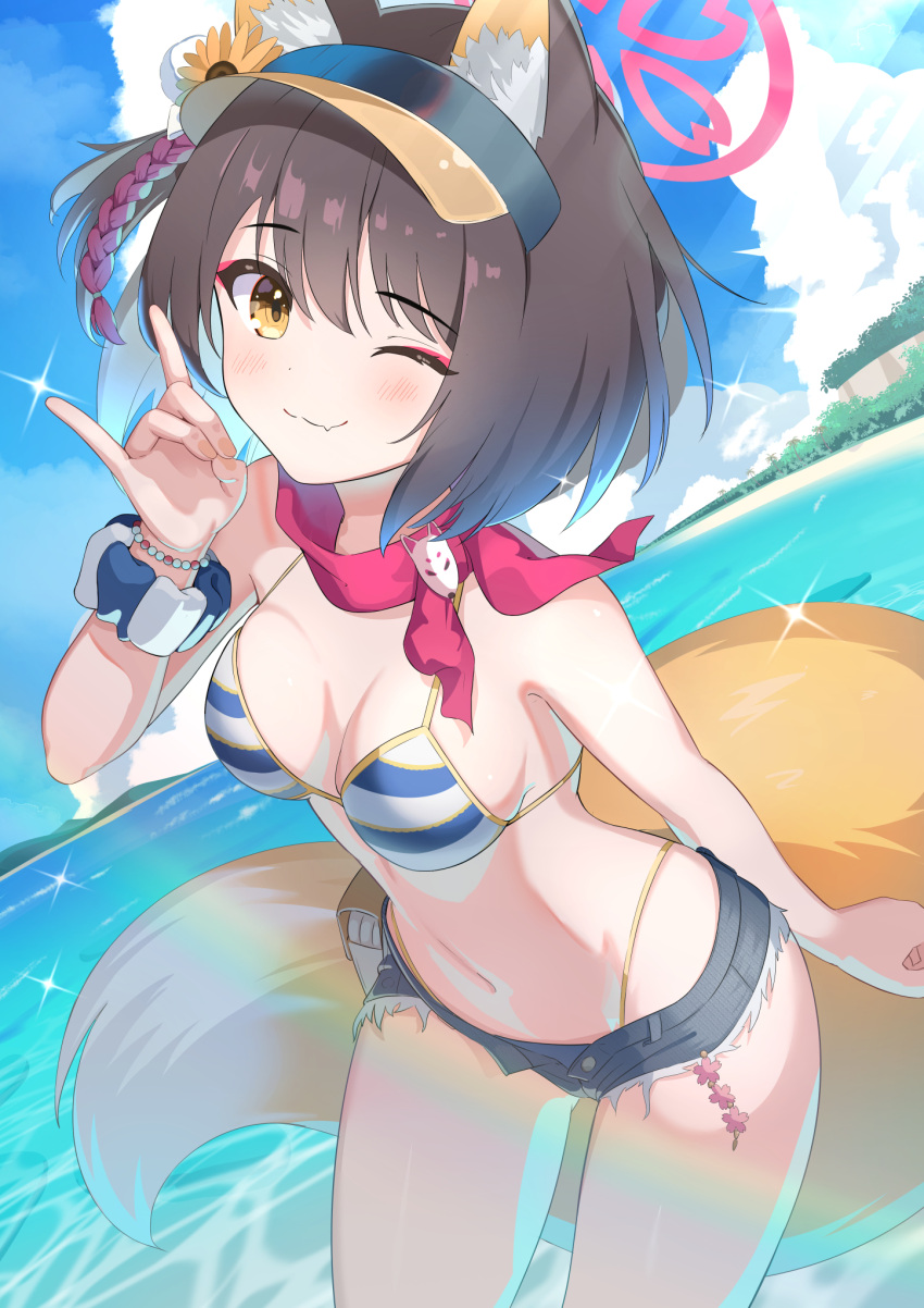 animal_ears beach bikini blue_archive bracelet breasts brown_hair cleavage cloud cloudy_sky denim denim_shorts flower fox_ears fox_girl fox_shadow_puppet fox_tail hair_flower hair_ornament halo highleg highleg_bikini highres izuna_(blue_archive) izuna_(swimsuit)_(blue_archive) jewelry micro_shorts ocean oerba_yun_fang official_alternate_costume one_eye_closed pink_halo pink_scarf pom_pom_(clothes) pom_pom_hair_ornament red_scarf rindou_ringdong scarf shorts skin_fang sky striped_bikini striped_clothes sunflower sunflower_hair_ornament swimsuit tail visor_cap yellow_eyes