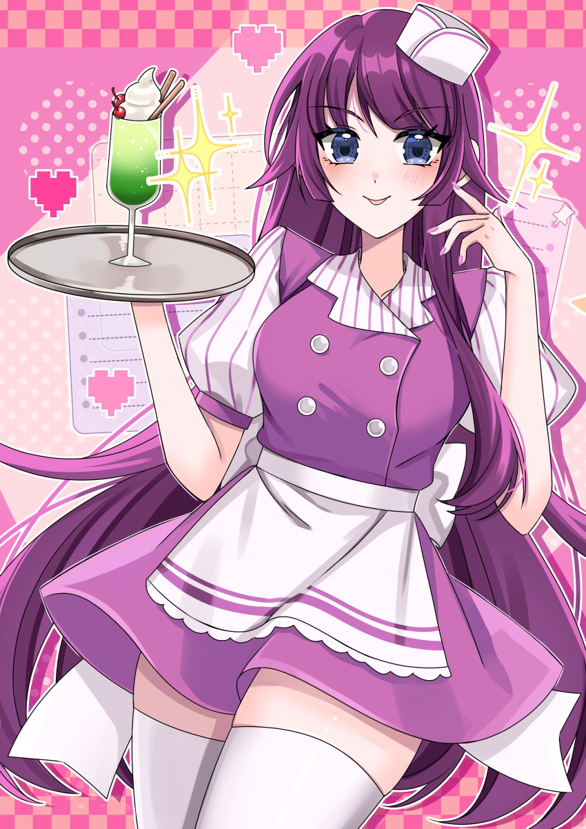 absurdres alternate_costume apron blue_eyes breasts buttons closed_mouth collared_dress cowboy_shot double-breasted dress eyelashes female food hands_up highres holding holding_tray ice_cream ice_cream_float jmfz5558 long_hair looking_at_viewer medium_breasts monogatari_(series) pink_background puffy_short_sleeves puffy_sleeves purple_background purple_dress purple_hair senjougahara_hitagi short_sleeves smile solo sparkle swept_bangs thighhighs thighs tilted_headwear tongue tongue_out tray very_long_hair waitress white_apron white_thighhighs zettai_ryouiki