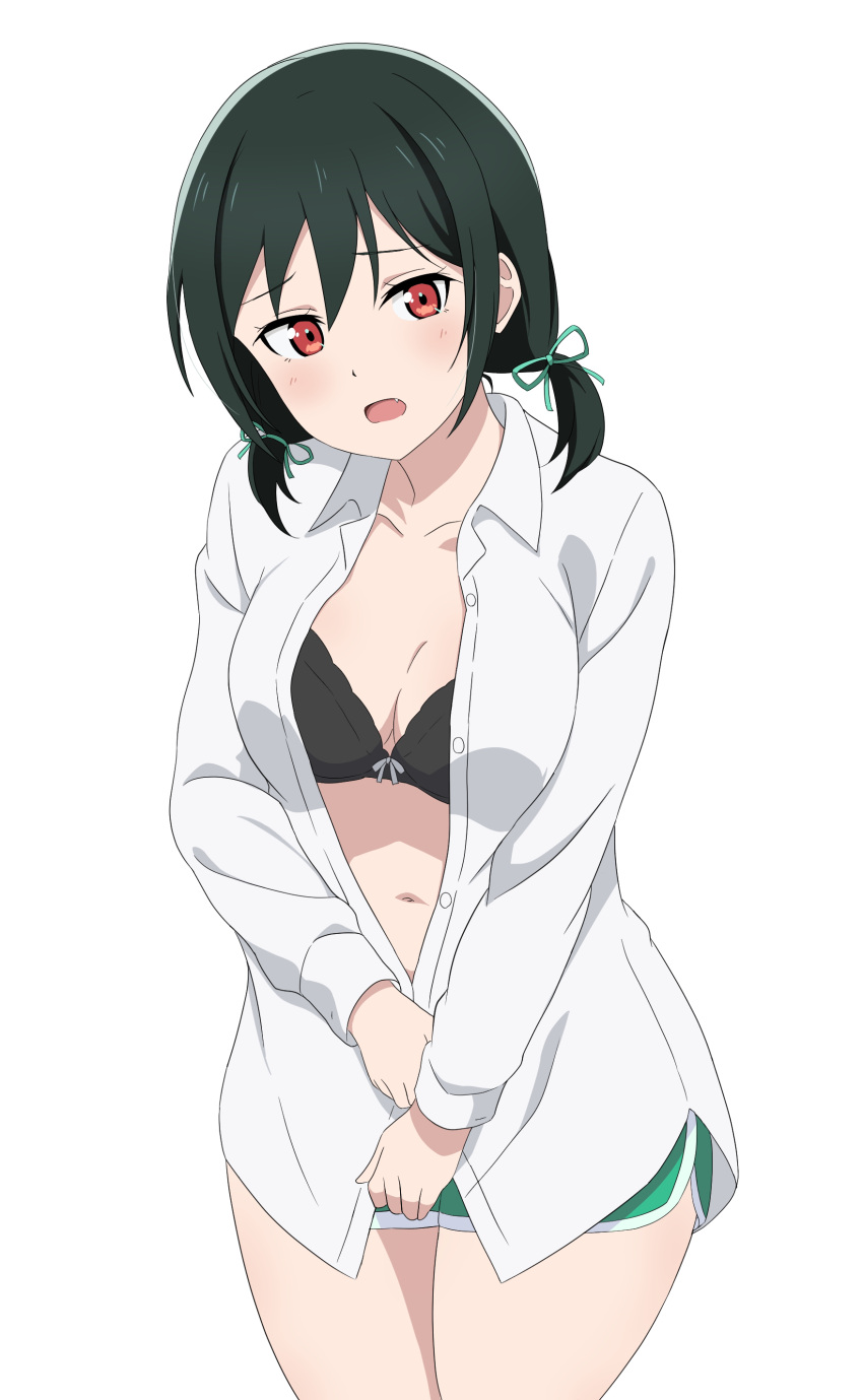 absurdres black_hair breasts cleavage collarbone collared_shirt daichi777zz dress_shirt female green_ribbons green_shorts hair_ribbon highres large_breasts light_blush looking_at_viewer love_live! love_live!_nijigasaki_high_school_idol_club mifune_shioriko navel open_mouth partially_unbuttoned red_eyes ribbon shirt short_hair short_shorts shorts simple_background solo stomach white_background white_shirt