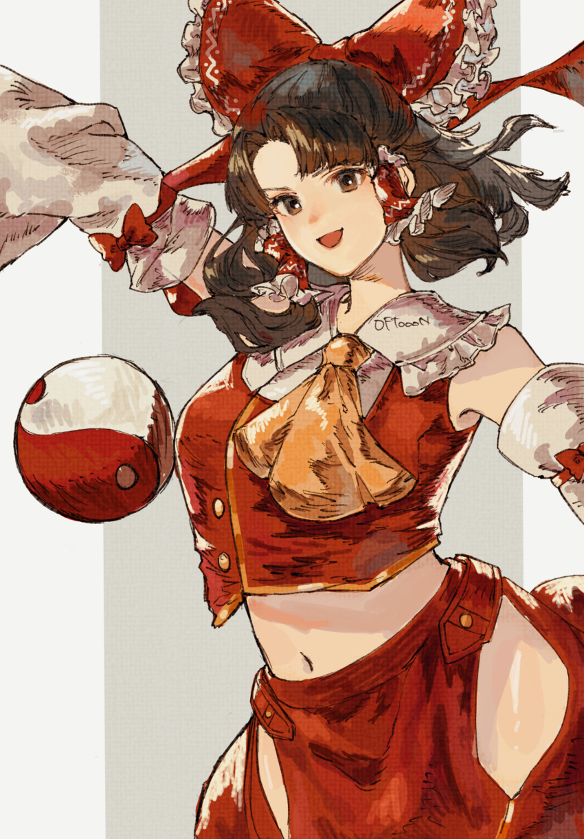 :d absurdres adapted_costume ascot bare_shoulders bow breasts brown_eyes brown_hair collared_shirt commentary cowboy_shot crop_top detached_sleeves female frilled_bow frilled_hair_tubes frilled_shirt_collar frills hair_tubes hairbow hakurei_reimu highres hip_vent long_sleeves looking_at_viewer medium_breasts midriff navel oftooon open_mouth orb red_bow red_shirt red_sleeves shirt sleeveless sleeveless_shirt smile solo touhou white_sleeves wide_sleeves yellow_ascot yin_yang yin_yang_orb