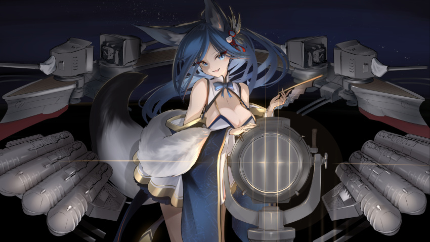 absurdres alternate_costume animal_ear_fluff animal_ears azur_lane bare_shoulders blue_eyes blue_hair breasts cleavage dress female folding_fan gold_trim hair_ornament hand_fan highres holding holding_fan jintsuu_(azur_lane) large_breasts long_hair long_sleeves looking_at_viewer rigging ryosuke1225 solo torpedo_tubes very_long_hair white_dress wide_sleeves