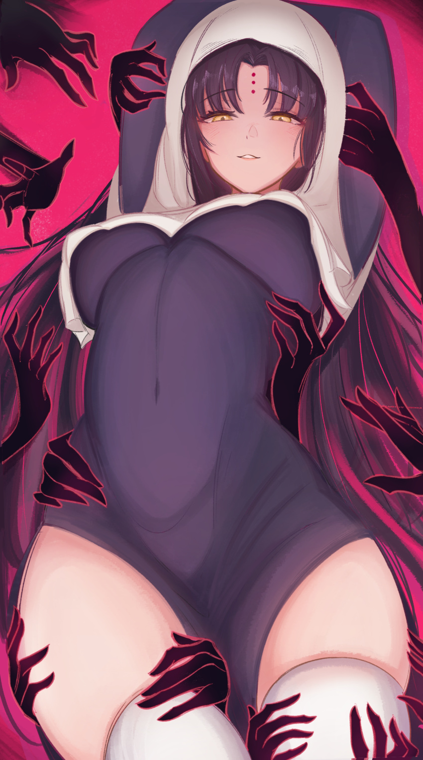 0nineo9 absurdres arms_behind_head arms_up black_dress black_hair breasts dress facial_mark fate/extra fate/extra_ccc fate/grand_order fate_(series) female forehead_mark ghost_hands habit highres large_breasts long_hair long_sleeves looking_at_viewer nun parted_bangs sessyoin_kiara side_slit smile thighhighs thighs very_long_hair white_thighhighs yellow_eyes