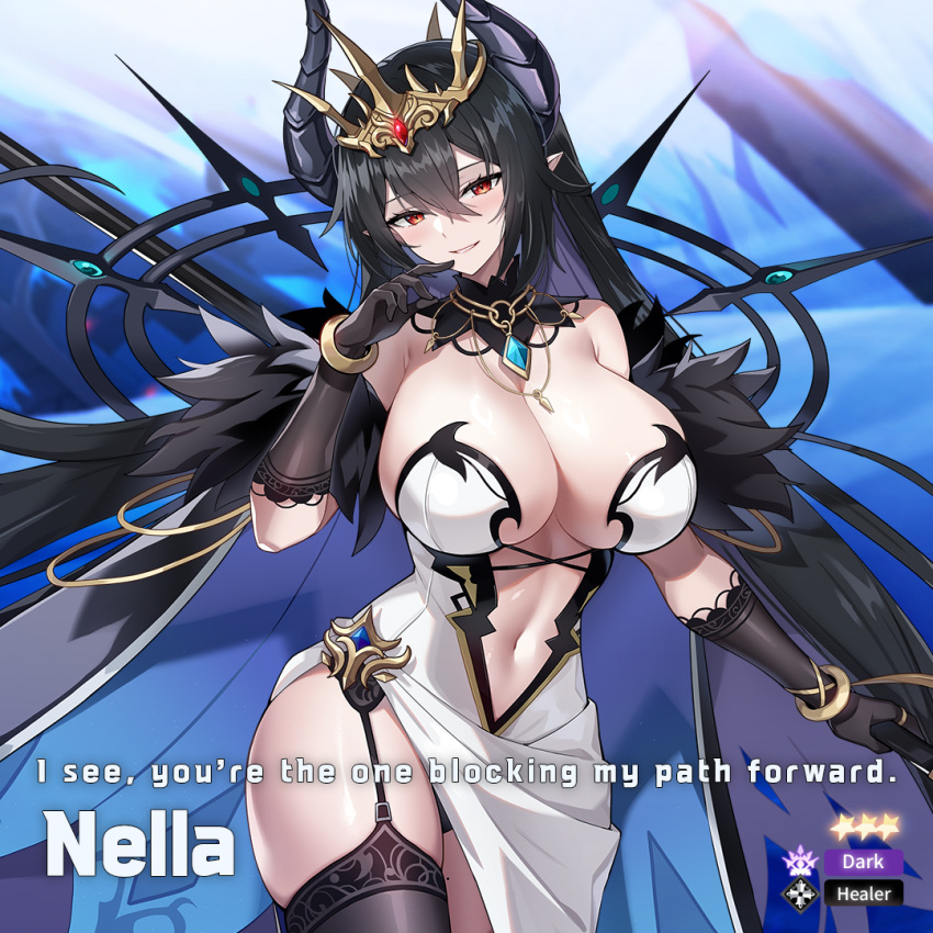 bare_shoulders black_gloves black_hair bracelet breasts cape character_name copyright_name crown demon_horns detached_collar english_text feather_boa female garter_straps gloves horns huge_breasts jewelry looking_at_viewer navel nella_(outerplane) official_art outerplane pointy_ears red_eyes skindentation slit_pupils solo star_(symbol) wide_hips