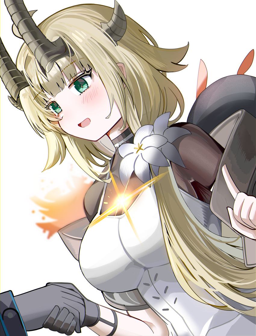 :d absurdres arknights black_gloves blonde_hair blush breasts brown_shirt doctor_(arknights) dress dutch_angle female fire flower gloves green_eyes hair_flower hair_ornament highres holding_hands horns index_finger_raised long_hair long_sleeves medium_breasts reed_(arknights) shirt simple_background sleeveless sleeveless_dress smile solo_focus spam_(spamham4506) very_long_hair white_background white_dress white_flower