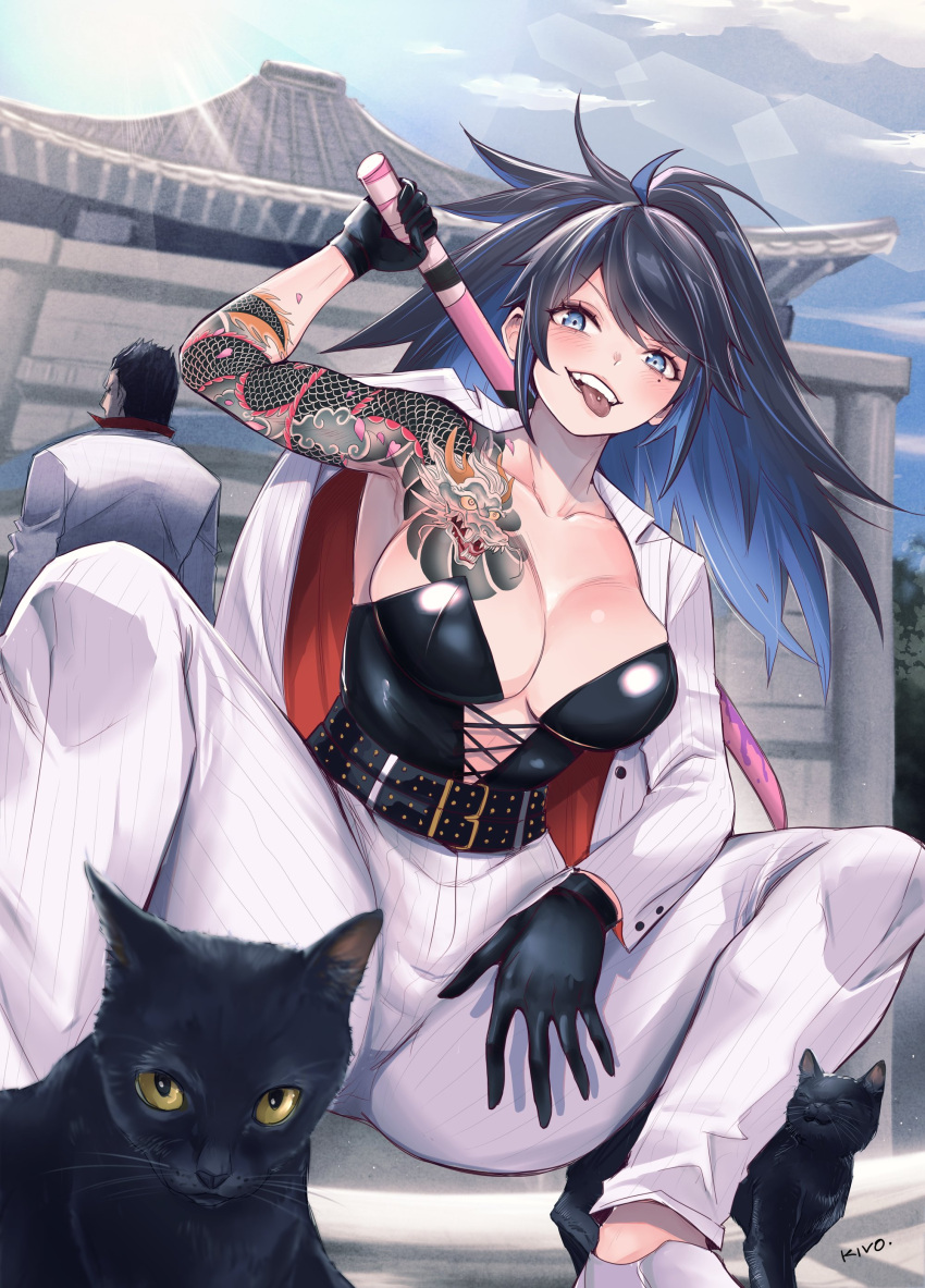 1boy absurdres anniversary arm_tattoo belt black_cat black_corset black_hair blue_eyes blue_hair breasts cleavage collared_shirt corset feline female formal gloves grey_suit hair_slicked_back highres holding holding_sword holding_weapon indie_virtual_youtuber irezumi jacket katana kiryu_kazuma kitten kivo kson large_breasts long_hair looking_at_viewer mole mole_under_eye multicolored_hair multiple_belts pants ponytail red_shirt ryuu_ga_gotoku ryuu_ga_gotoku_(series) sheath sheathed shirt short_hair smile solo solo_focus squatting streaked_hair suit sword tattoo tongue tongue_out upper_body virtual_youtuber weapon white_pants