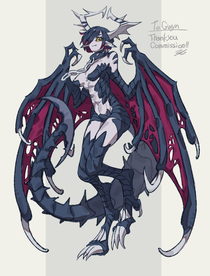 +_+ abs blue_hair breasts chains claws collar colored_inner_hair colored_skin commission digitigrade dragon dragon_girl dragon_horns dragon_tail dragon_wings female full_body grey_skin highres horns medium_breasts monster_girl multicolored_hair oerba_yun_fang original pointy_ears red_hair ruteko_(ruko220) scales short_hair solo standing standing_on_one_leg tail torn_wings winged_arms wings wyvern yellow_eyes