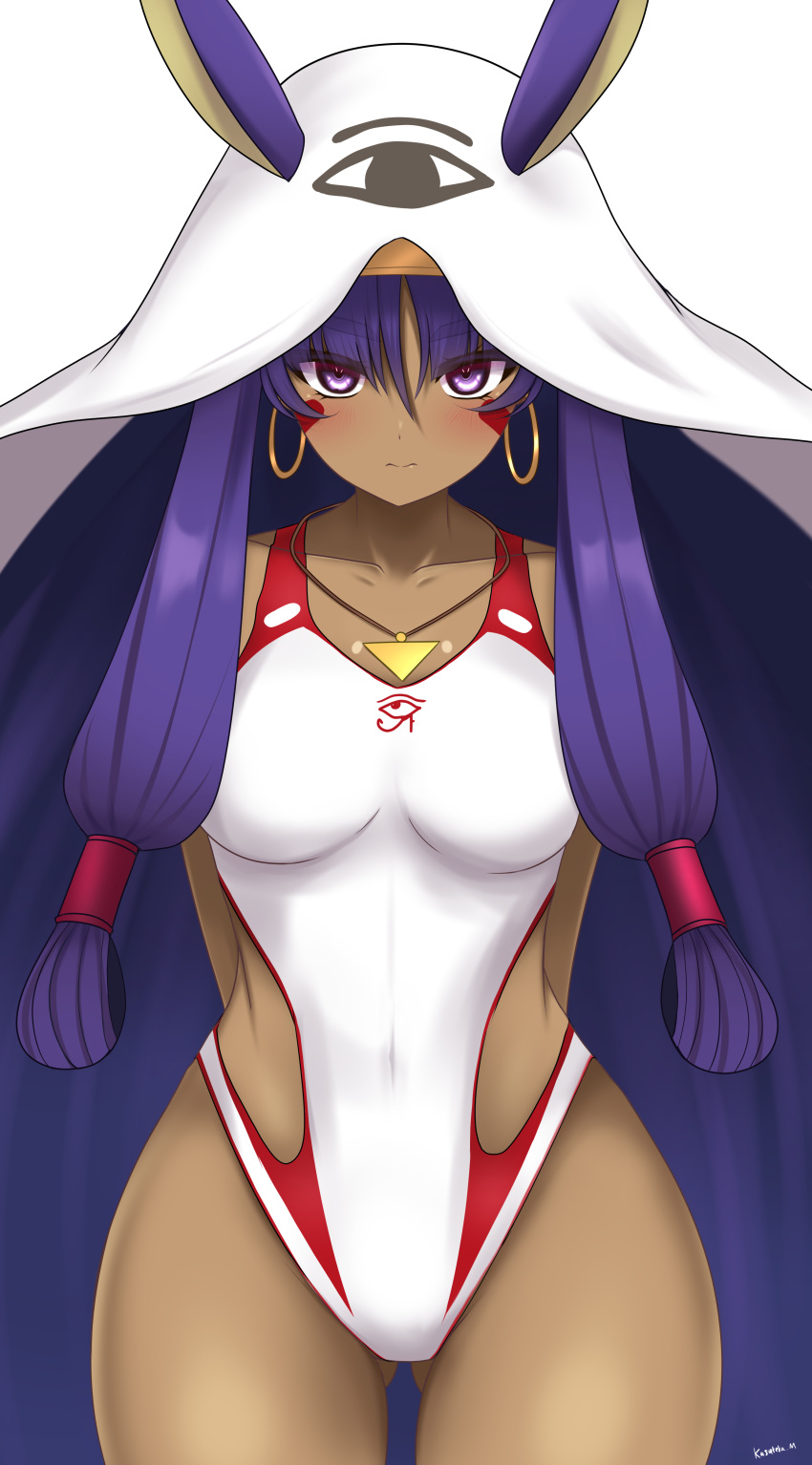 absurdres animal_ears bare_shoulders blush breasts collarbone covered_navel dark-skinned_female dark_skin earrings facepaint facial_mark fate/grand_order fate_(series) female hairband highleg highleg_one-piece_swimsuit highres hoop_earrings jackal_ears jewelry kasutera_mikan long_hair looking_at_viewer medium_breasts necklace nitocris_(fate) nitocris_(swimsuit_assassin)_(fate) nitocris_(swimsuit_assassin)_(second_ascension)_(fate) one-piece_swimsuit purple_eyes purple_hair sidelocks solo swimsuit thighs very_long_hair white_one-piece_swimsuit