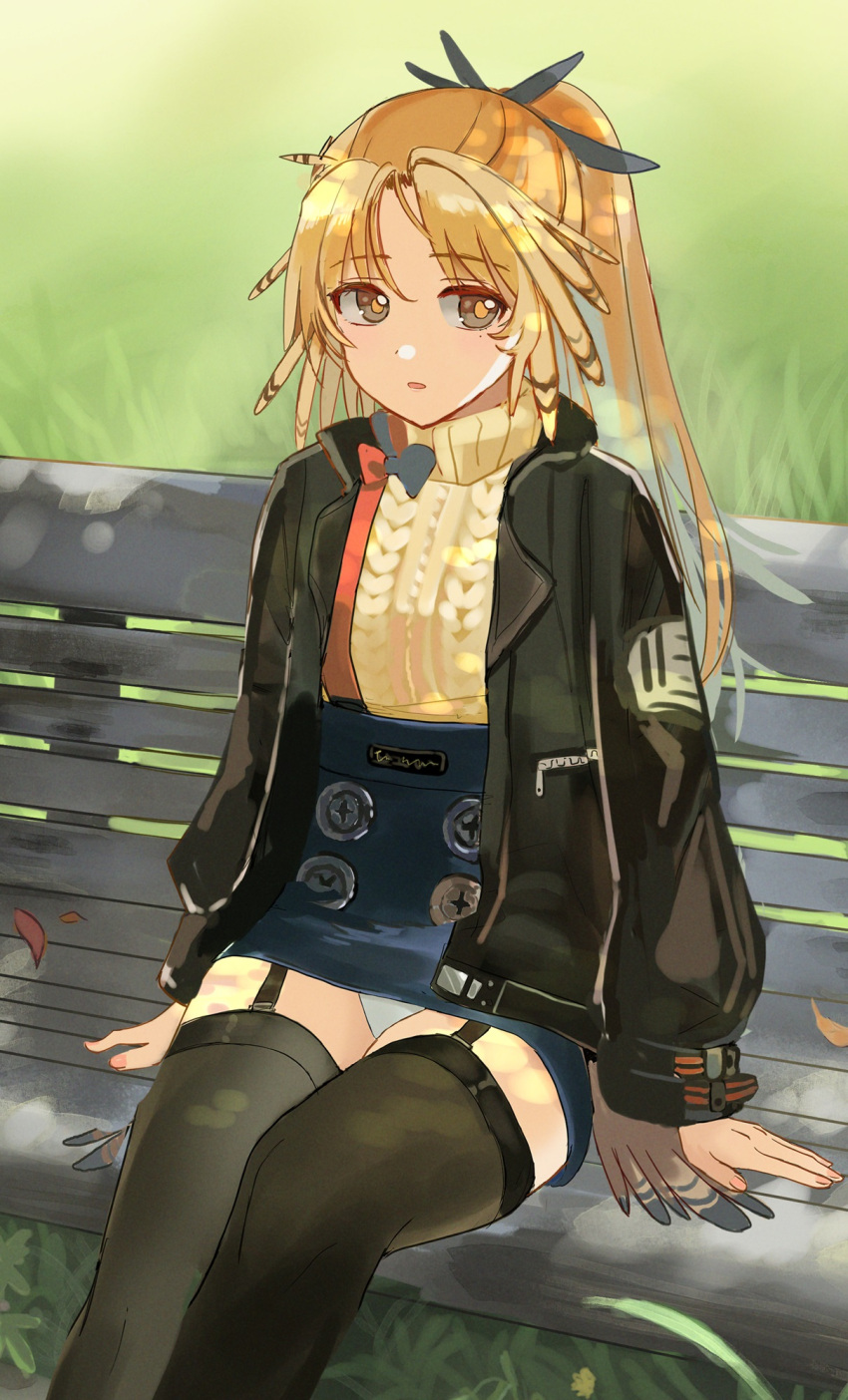 aran_sweater arknights bench black_jacket black_thighhighs blonde_hair blue_skirt cable_knit commentary_request dappled_sunlight day eyes_visible_through_hair feet_out_of_frame female garter_straps grass grey_eyes high-waist_skirt highres jacket kageniwa long_hair long_sleeves looking_at_viewer mole mole_under_eye on_bench open_clothes open_jacket panties park_bench parted_lips partial_commentary pinecone_(arknights) plant sitting skirt solo sunlight sweater thighhighs turtleneck turtleneck_sweater underwear white_panties yellow_pupils yellow_sweater