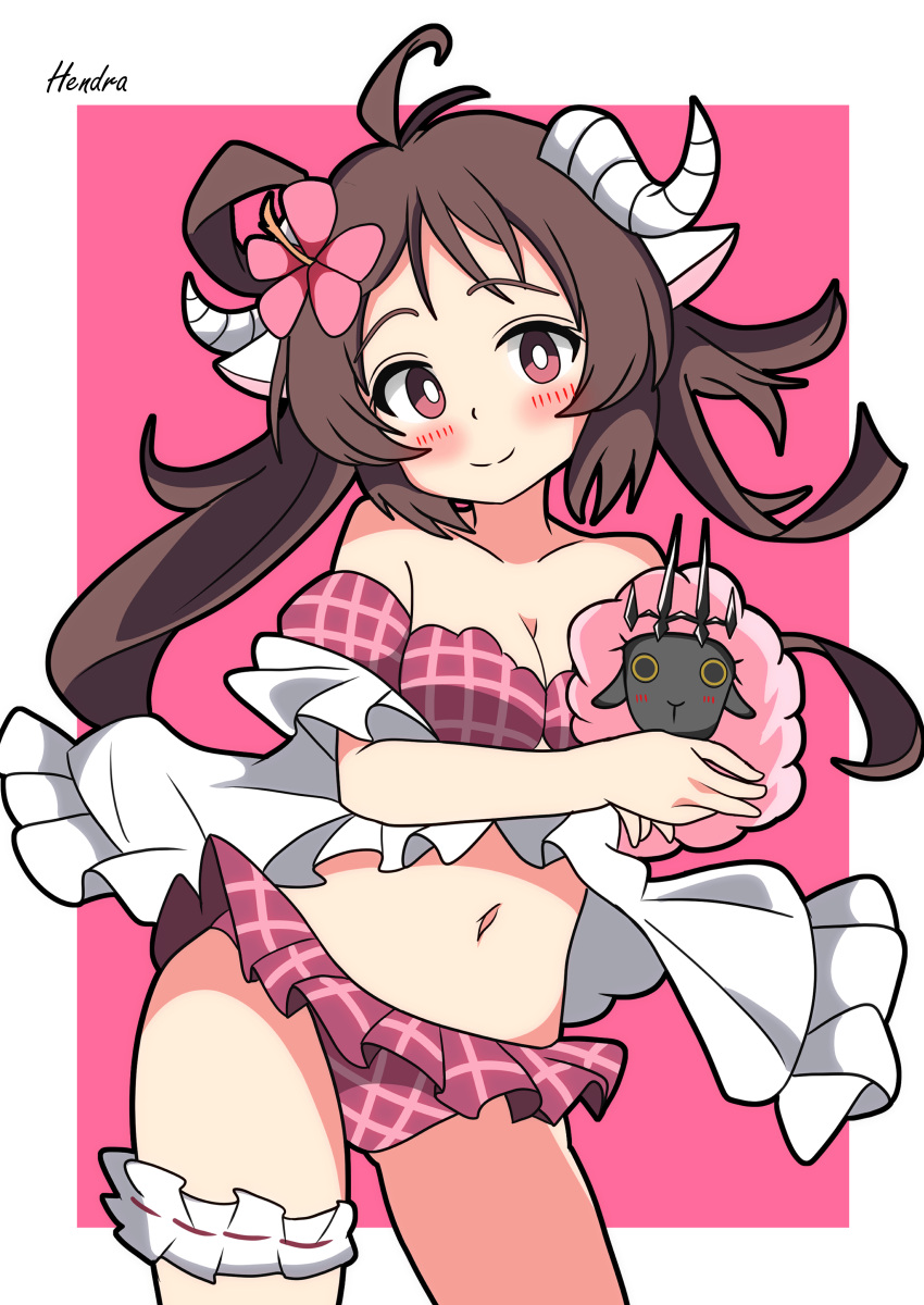 absurdres animal_ears arknights artist_name bikini black_outline blush border breasts bright_pupils brown_hair cleavage closed_mouth commentary_request contrapposto cowboy_shot creature curled_horns eyjafjalla_(arknights) eyjafjalla_(summer_flower)_(arknights) female flower frills hair_flower hair_ornament hendra highres holding holding_creature horns long_hair looking_at_viewer medium_breasts navel official_alternate_costume outline outside_border partial_commentary pink_background pink_bikini pink_eyes pink_flower plaid_bikini plaid_clothes signature simple_background smile solo split_mouth standing swimsuit white_border white_horns white_pupils