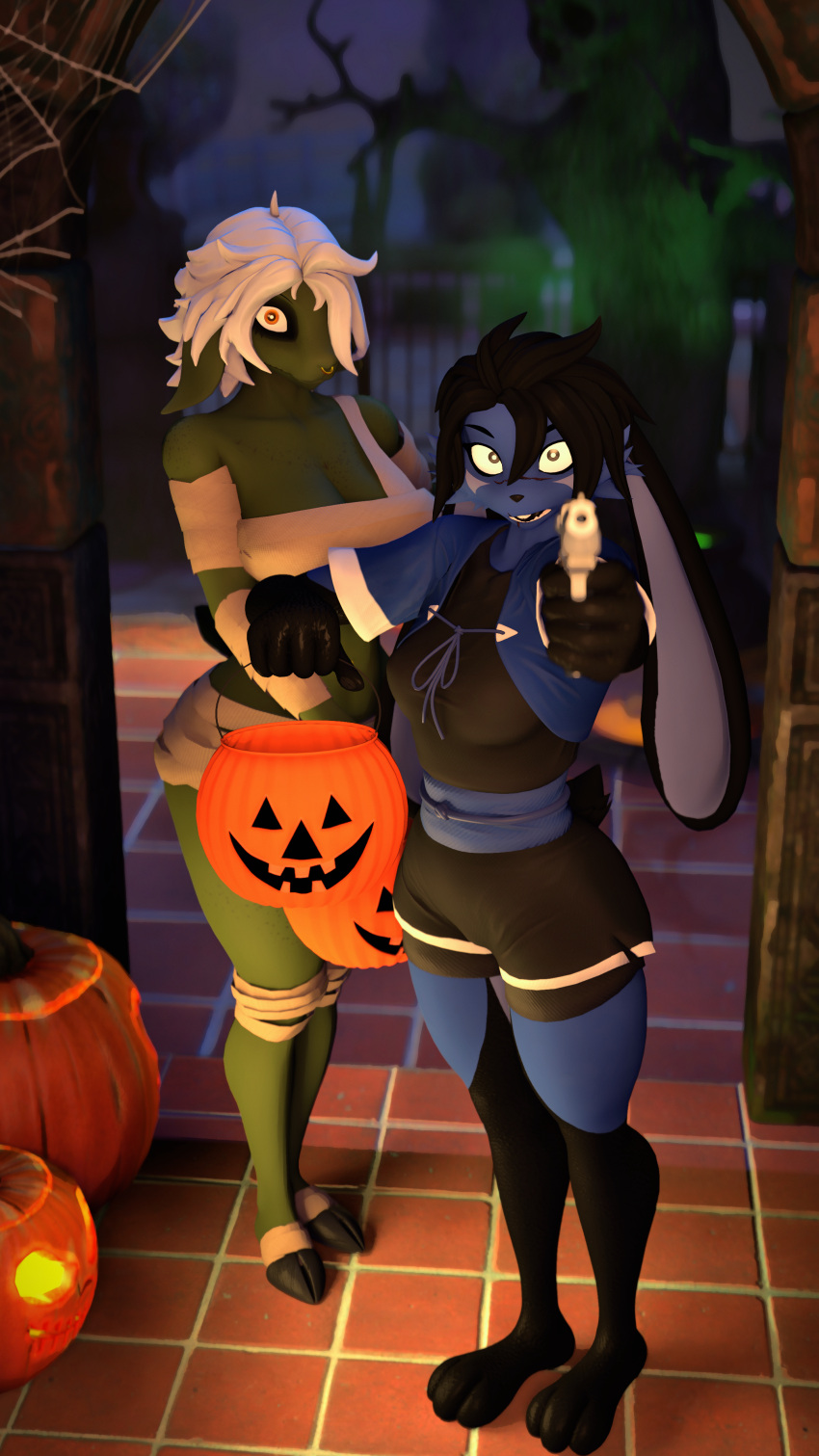 3d_(artwork) absurd_res alicia_(domibun) anthro bovid caprine clothing costume digital_media_(artwork) domi_(domibun) domibun duo female food fruit goat gun halloween halloween_costume halloween_decoration hi_res holidays lagomorph leporid mammal plant pumpkin rabbit ranged_weapon scared scared_expression scared_face scared_shitless source_filmmaker_(artwork) threatening threatening_with_weapon weapon