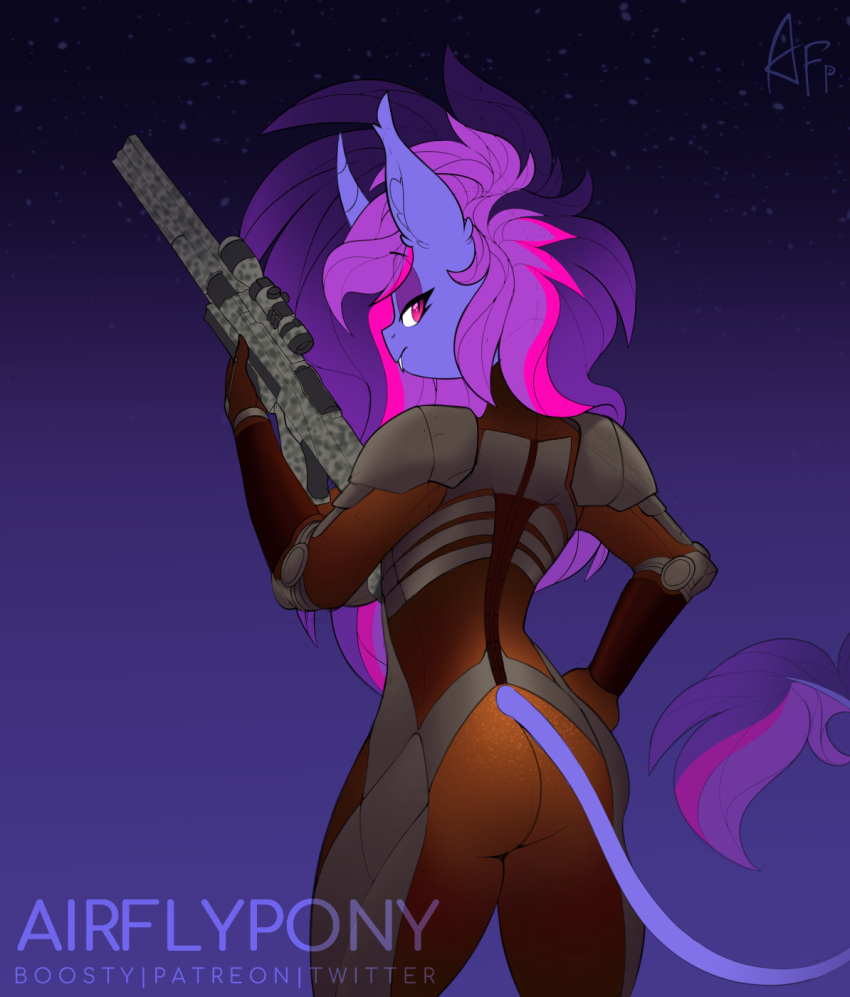 2020 2022 2024 airfly-pony anthro ass bedroom_eyes clothing cosplay costume curved_horn digital_media_(artwork) equid equine eyeshadow fallout fangs female fingers gun hair hi_res horn hybrid long_hair long_tail looking_back makeup mammal microsoft miranda_(airfly-pony) multicolored_hair mythological_creature mythological_equine mythology narrowed_eyes purple_body purple_eyes ranged_weapon reptile scalie seductive smile smirk snake solo tail teeth unicorn unicorn_horn unicorn_tail weapon