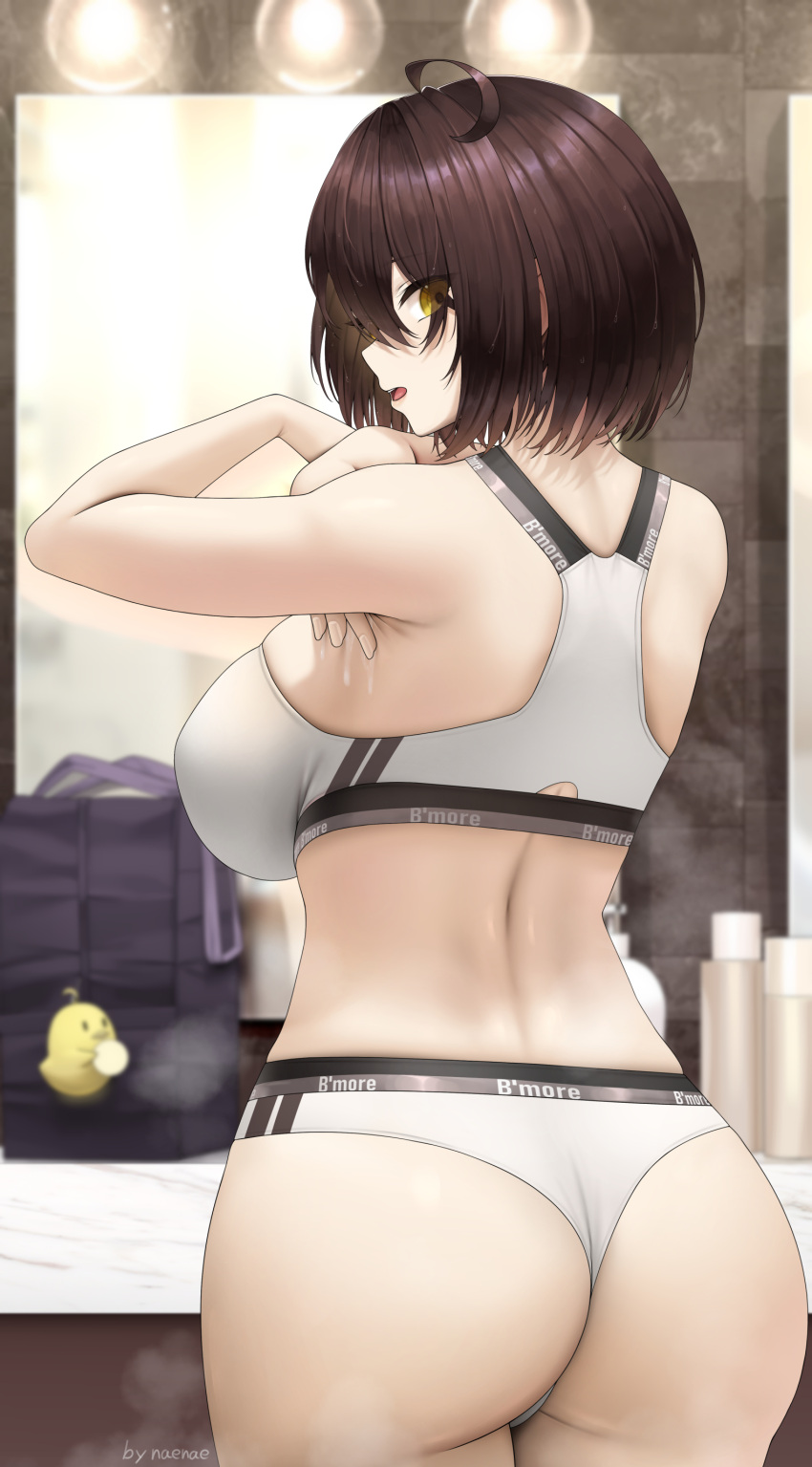 absurdres ahoge ass azur_lane baltimore_(azur_lane) bare_arms bare_shoulders blush breasts brown_hair commentary_request female fouriasensei from_behind highres large_breasts looking_at_viewer looking_back manjuu_(azur_lane) open_mouth panties short_hair solo sports_bra underwear undressing white_panties white_sports_bra yellow_eyes