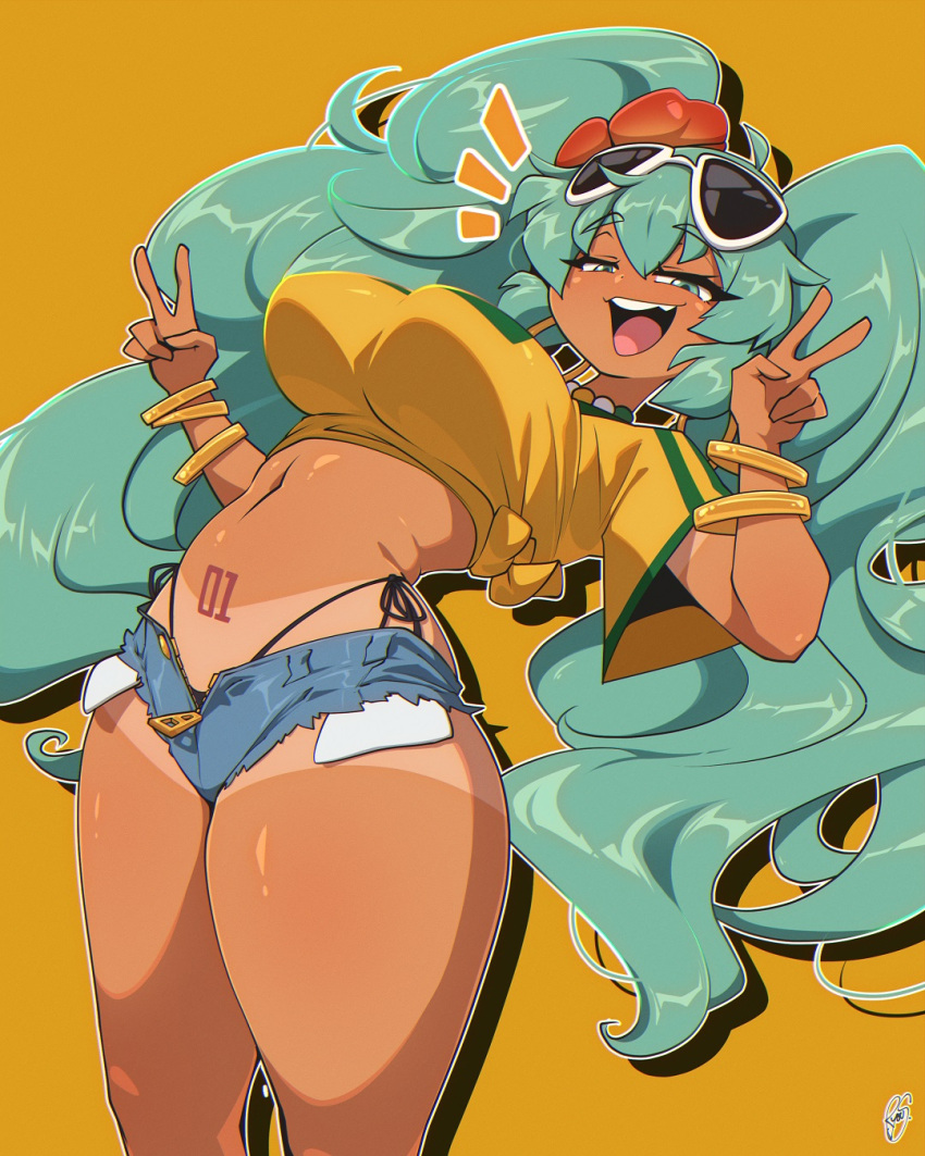 ahoge alternate_breast_size aqua_eyes aqua_hair bouncing_breasts bracelet brazilian_miku breasts denim denim_shorts double_v earrings eyebrows_hidden_by_hair eyewear_on_head female flower hair_between_eyes hair_flower hair_ornament hatsune_miku highres jewelry jumping large_breasts long_hair looking_at_viewer navel notice_lines ryou_sakai shirt short_shorts shorts signature simple_background smile solo stomach_tattoo sunglasses tan tanlines tattoo thick_thighs thighs twintails underboob v very_long_hair vocaloid yellow_background yellow_shirt