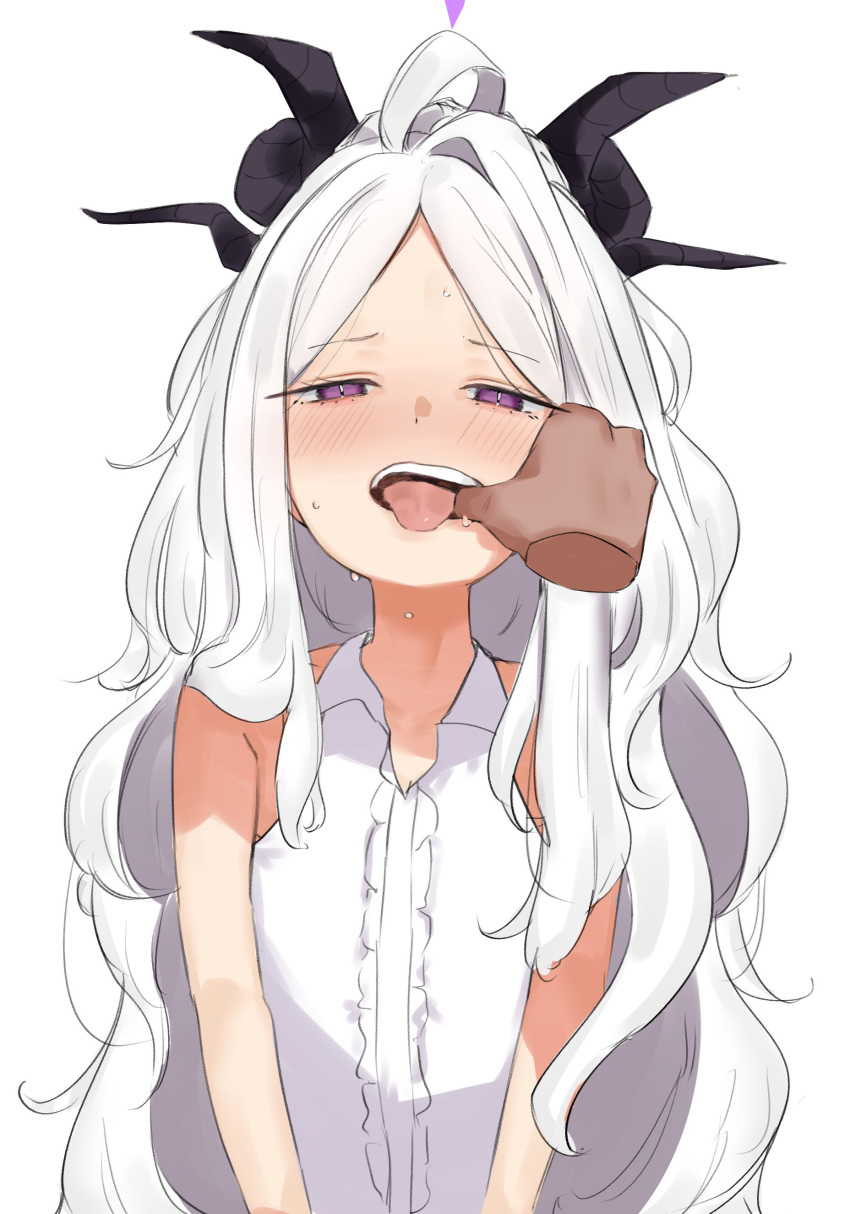 1boy absurdres blue_archive blush center_frills female finger_in_another's_mouth frills highres hina_(blue_archive) long_hair looking_at_viewer mouth_pull pov pov_hands purple_eyes showtime775 solo_focus tongue tongue_out white_hair